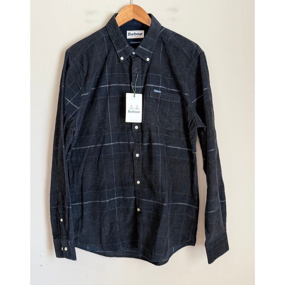 Barbour Tailored Button Down Shirt Mens Med Plaid Black Corduroy NWT